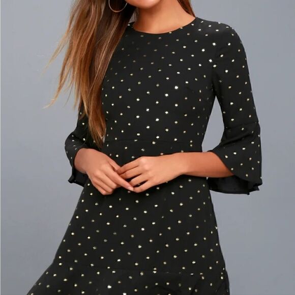 NWT Lulus She's Dot It Going On Gold and Black Polka Dot Dress S - Picture 2 of 11